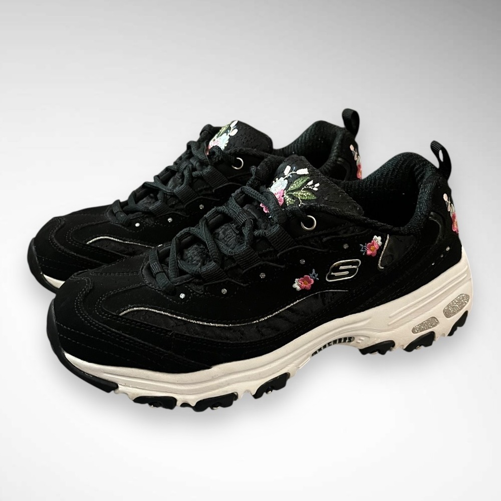 SKECHERS D'Lites Bright Blossoms Black Sneakers Floral‎ Embroidery Leather Upper - Picture 2 of 11